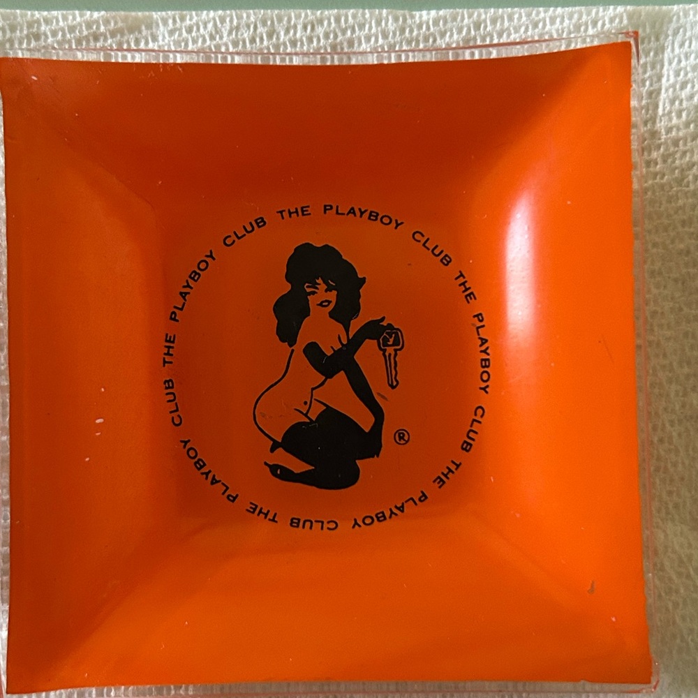 Set of 2 Vintage Playboy Club Orange Square Glass Ashtrays